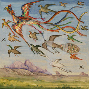 Persian painting of a mythical Simurgh and army of birds