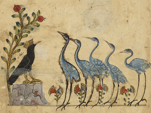 The King of the crows speaks to the herons. painting from the Kalila wa Dimna. Animal fables