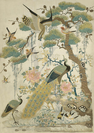 Asian embroidery of peacocks and birds around a Magnolia Tree