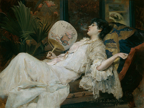 Painting, in exotic style, of a decadent reclining woman smoking. Fine art print