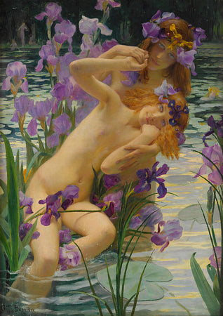 Les Iris by Gaston Bussière. Water nymphs amongst purple Irises. Fine art print