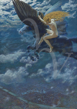 Dream Idyll (A Valkyrie). Nude riding a mythical winged horse in a night sky.