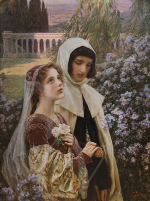 Painting of Dante Alighieri and his true love Beatrice in the garden