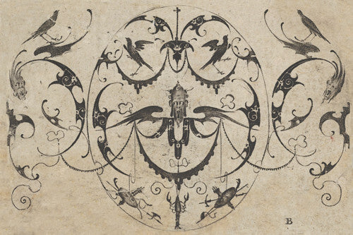 Antique decorative grotesque engraving with birds. Fine art print