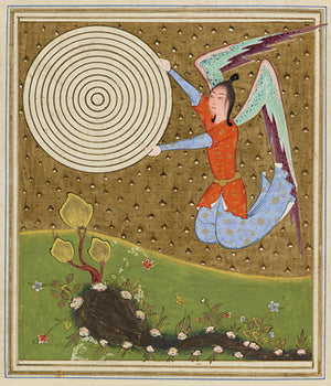 Persian cosmological painting  of the Angel Ruh holding the celestial spheres