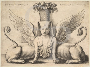 Etching of a female Sphinx with two bodies by Wenceslaus Hollar