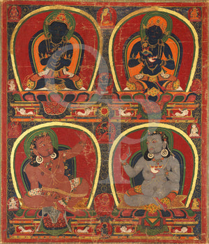 Tibetan painting of four Mahasiddhas - Vajradhara, Nairatmya, and Mahasiddhas Virupa and Kanha. Tantric Buddhism