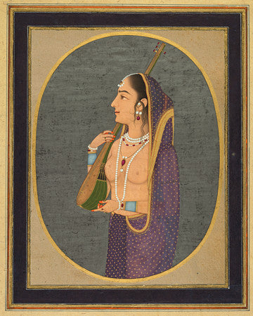 Indian painting of a lady singing and playing the vina. Mughal painting. Fine art print 