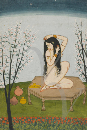 Bathing woman. Vintage painting India. Fine art print 
