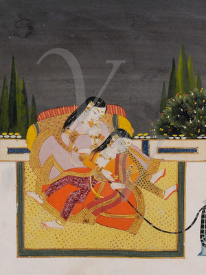 Two Women Smoking a Hookah. Indian painting, Rajasthan. Fine art print 
