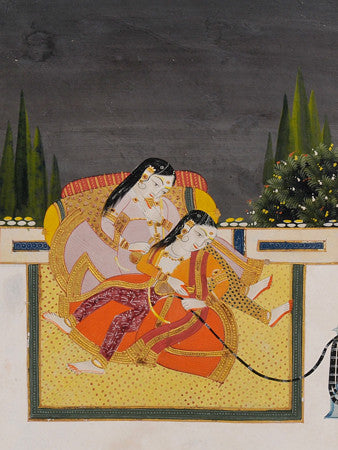 Two Women Smoking a Hookah. Indian painting, Rajasthan. Fine art print