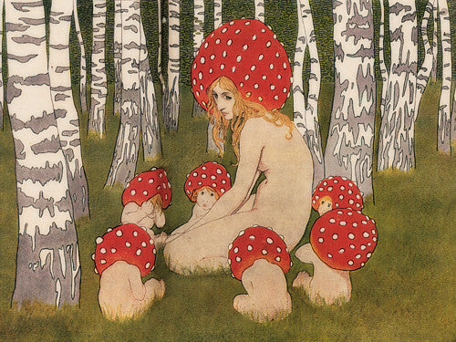 Mushroom Mother. Female in forest with mushroom babies. Vintage fine art print