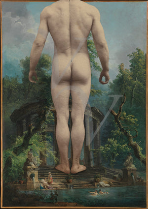 Colossus. Original collage of a giant male nude at a forest bath
