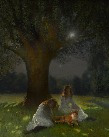 Two young women with a fox under a tree on a moonlit night