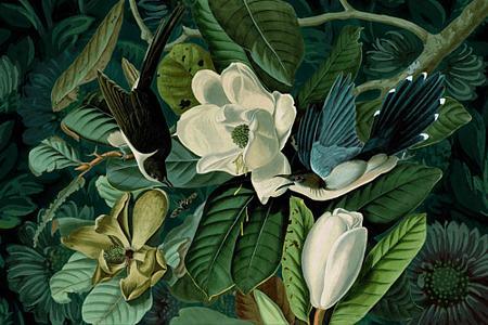 Deep Garden. Luscious Dark florals exotic botanical with birds. original collage. Fine art print