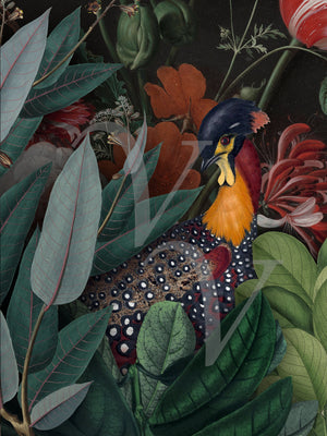 Sanctuary. Vivid, colorful bird dark forest collage. Fine art print