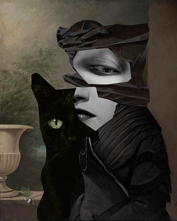 Familiar. Surreal black cat woman. Original collage. Fine art print 