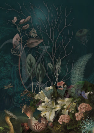 Sea Forest. Dark floral unique ocean nature collage. Fine art print 