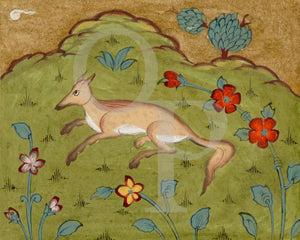 Persian painting of a fox in a field of flowers