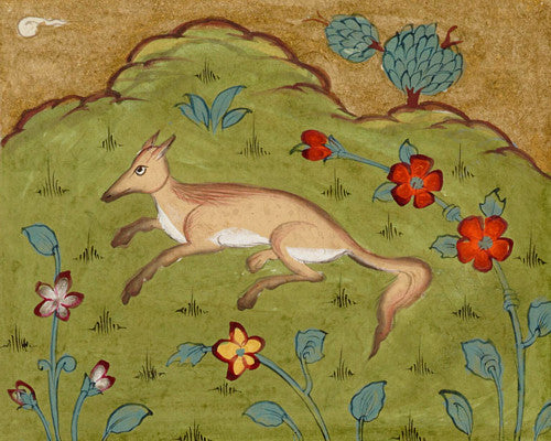 Persian painting of a fox in a field of flowers