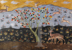 Persian paintign of wild animals in a landscape