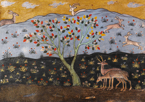 Persian painting of wild animals in a landscape