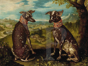 Antique painting of a pair of Xoloitzcuintli (Mexican Hairless) dogs