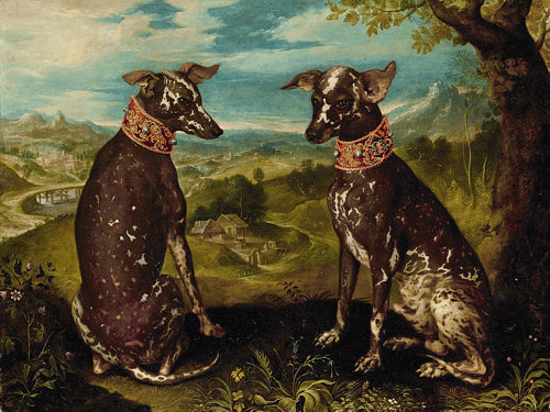 Antique painting of a pair of Xoloitzcuintli (Mexican Hairless) dogs