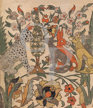 The leopard and animal judges, painting from the Kalila wa Dimna. 