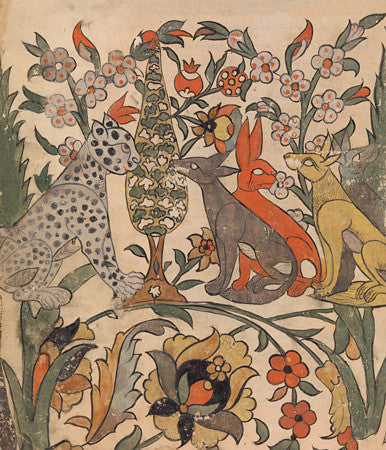 The leopard and animal judges, painting from the Kalila wa Dimna