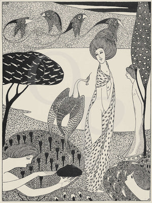 Decadent woman with Birds. Art Nouveau erotica
