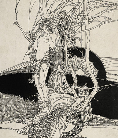 Morning. Antique decadent female nature nude illustration