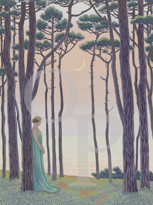 Woman in Moonlit Forest, Art Nouveau artowrk