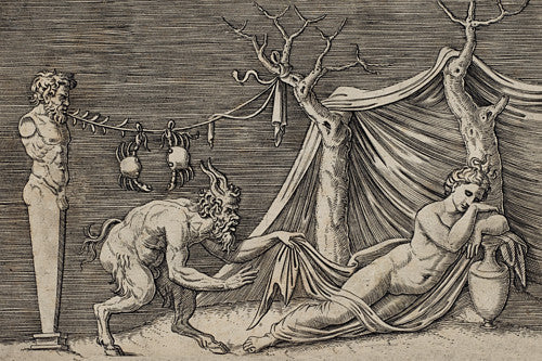 Italian engraving of a Satyr discovering a sleeping woman (c.1520)