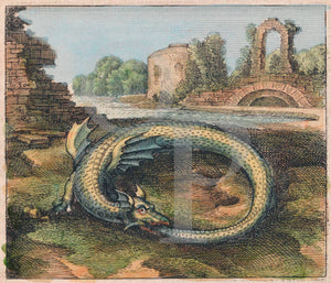 Serpent or Dragon devouring its own tail. Antique alchemy painting
