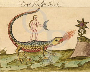 Alchemy art from the Clavis Artis. Woman holding crescent moon standing on a dragon