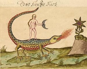 Alchemy art from the Clavis Artis. Woman holding crescent moon standing on a dragon