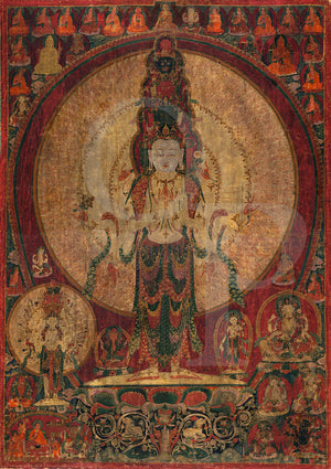 Bodhisattva of Compassion. Tibetan Buddhist painting. Fine art print