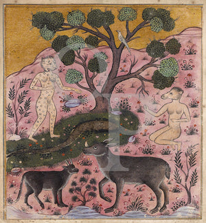Persian painting of Strange Creatures with animals in a Forest