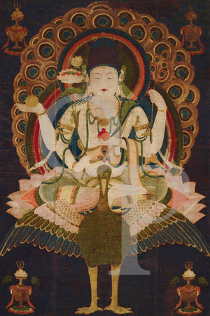 Painting of Kujaku Myoo (Mahamayuri). Japanese Buddhist artwork