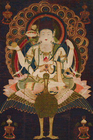 Painting of Kujaku Myoo (Mahamayuri). Japanese Buddhist artwork