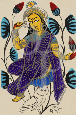 Indian Kalighat painting of the Goddess Lakshmi with an Owl