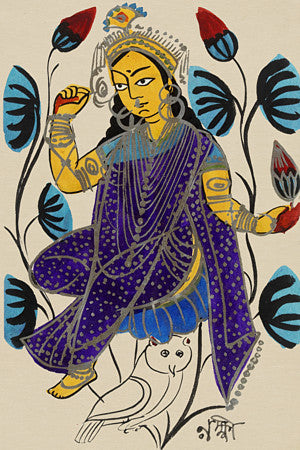 Kalighat painting of the Goddess Lakshmi with an Owl