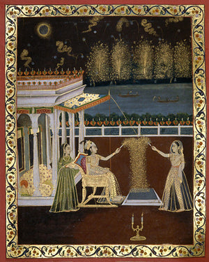 Indian painting of women with fireworks