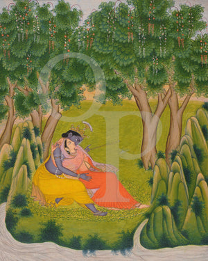 Lord Krishna and Radha in the Forest. Indian painting. Fine Art Print