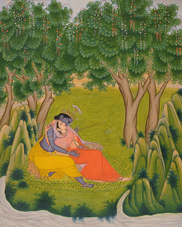 Lord Krishna and Radha in the Forest. Indian painting. Fine Art Print
