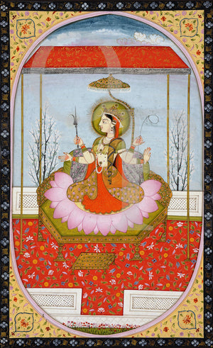 Painting of Parvati sitting on a lotus throne. Hindu Goddess. 