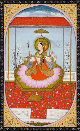 Painting of Parvati sitting on a lotus throne. Hindu Goddess. 