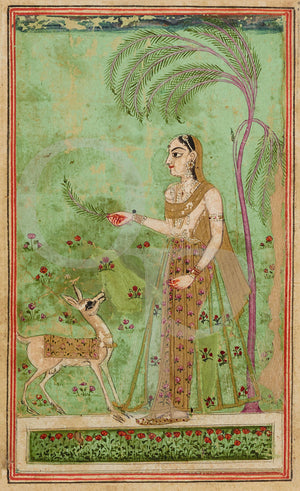 Antqiue painting of a woman with a deer, Hyderabad, India