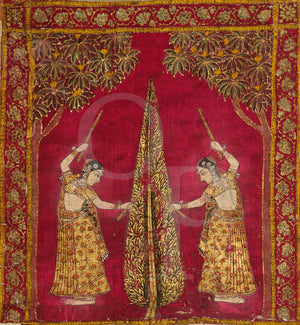 Two women performa Garba dance around the tree of life. Indian painting